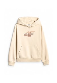 Sweat à capuche beige avec poche kangourou devant et texte "wildlife expedition" superposé sur le logo "4F" sur la poitrine.