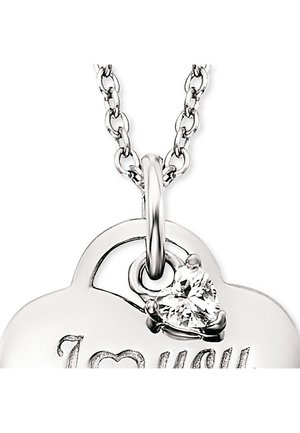 Silberner herzförmiger Anhänger mit der Gravur "Ich liebe dich", versehen mit einem klaren Edelsteinakzent und einer zarten Kette.