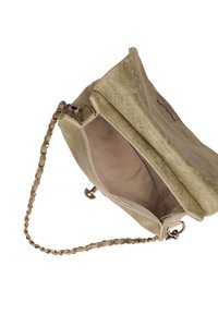 Borsa a tracolla in pelle verde con superficie texturizzata, una tracolla a catena e un interno beige. Presenta una chiusura e un sottile dettaglio del logo.