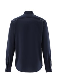 Camicia a maniche lunghe blu navy con colletto strutturato, texture liscia e dettagli con polsini abbottonati. Vista posteriore senza pattern o stampe visibili.
