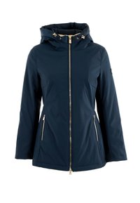 Giacca impermeabile blu navy con cappuccio, dotata di zip frontale, due tasche laterali con zip e una texture liscia. Decorazioni in metallo dorato.