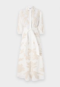 White linen dress with beige floral embroidery, collared neckline, three-quarter puff sleeves, and a waist tie belt. A-line shape.
