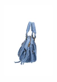 Borsa a tracolla blu chiaro in tessuto, con manici intrecciati, dettagli in metallo dorato e chiusura con zip accompagnata da nappine laterali.