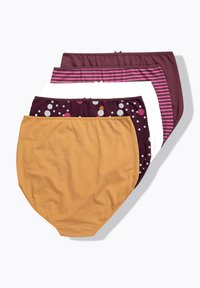 Fünf Paare Damenunterwäsche: zwei einfarbige Farben (dunkelviolett, senf), eine weiße, eine pink gestreifte und eine mit gepunktetem Muster in verschiedenen Farben.