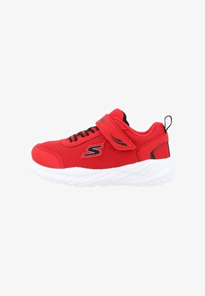 Red mesh sport shoe with black accents, featuring a velcro strap and laces, and a white textured rubber sole.