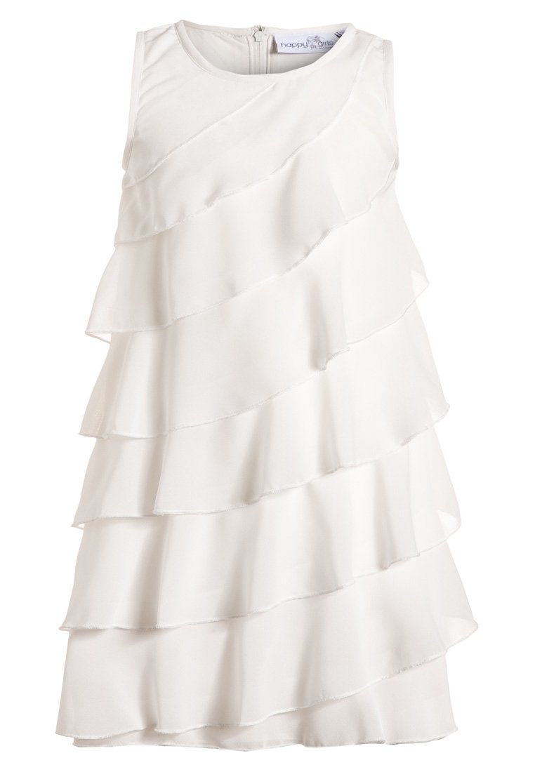 Vestido blanco sin mangas con volantes en capas, con una textura suave y cierre con cremallera en la espalda. Diseño elegante y ligero.
