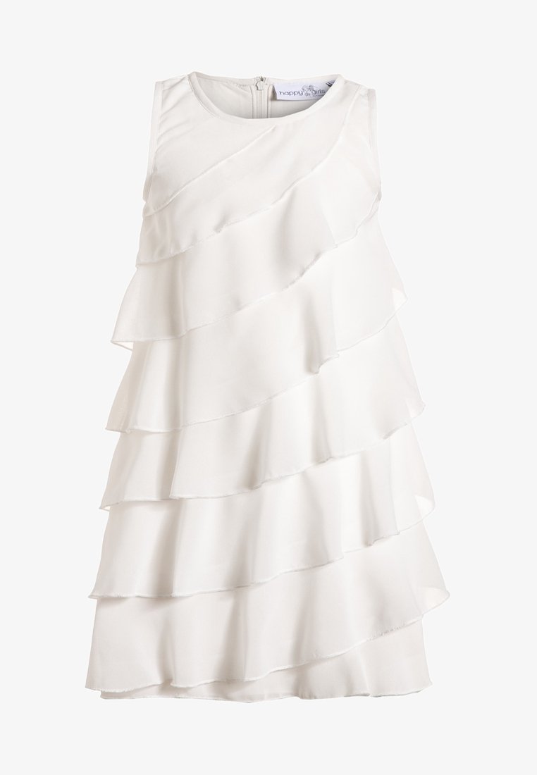 Vestido blanco sin mangas con volantes en capas, con una textura suave y cierre con cremallera en la espalda. Diseño elegante y ligero.