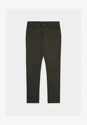 Donkergroene chino's met een slim fit, vijfzakkenontwerp en metalen knoopsluiting. Gemaakt van duurzame katoenen stof met een soepele textuur.