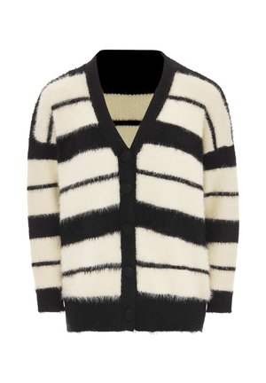 Schwarzer und weißer, flauschiger Strickcardigan mit breiten horizontalen Streifen, Knopfverschluss vorne und gerippten Bündchen und Saum.