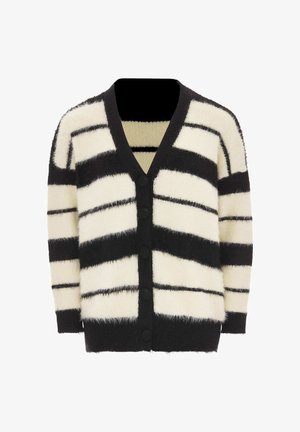 Fekete-fehér bolyhos kötött kardigán széles vízszintes csíkokkal, gombos elülső résszel és bordázott mandzsettákkal és aljjal.