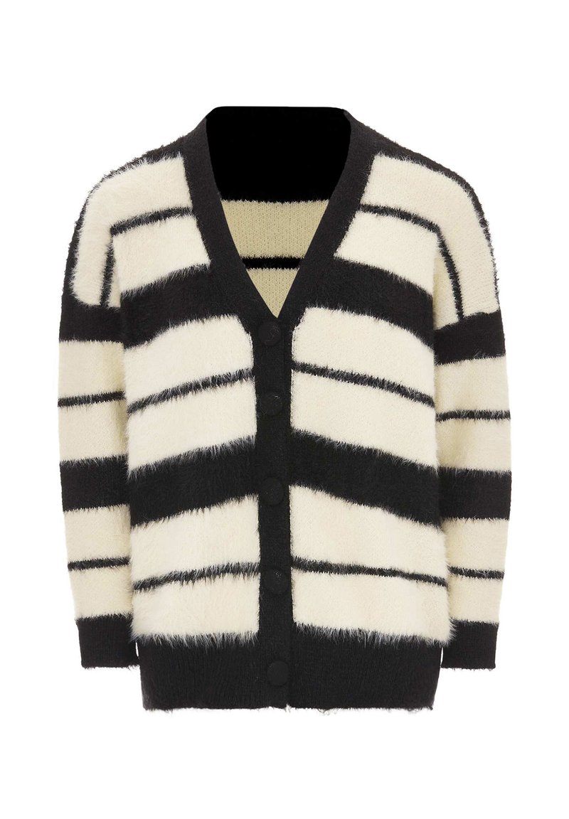 Svart och vit fluffig stickad cardigan med breda horisontella ränder, knäppning fram och ribbade muddar och nederkant.
