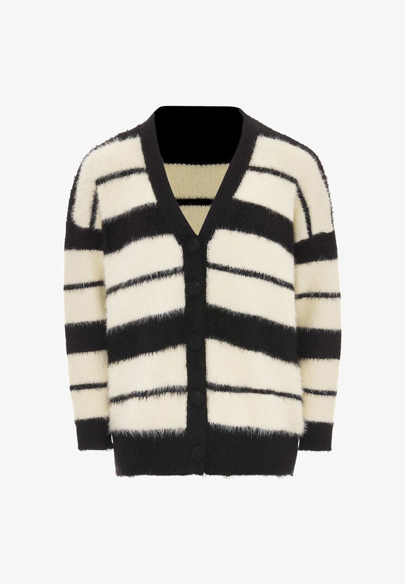 Fekete-fehér bolyhos kötött kardigán széles vízszintes csíkokkal, gombos elülső résszel és bordázott mandzsettákkal és aljjal.