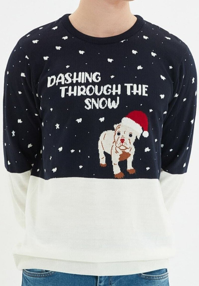 Navyblauer und weißer Strickpullover mit dem Text "DASHING THROUGH THE SNOW", einem Hund in einem Weihnachtsmannhut und Schneeflockenmuster überall.