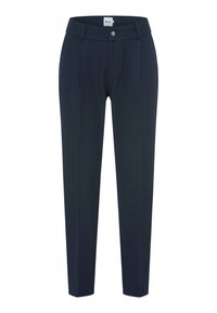 Marineblauwe broek gemaakt van een gladde stof met een getailleerde pasvorm, voorzien van een vlakke voorkant, riemlussen en een enkele knoopsluiting.