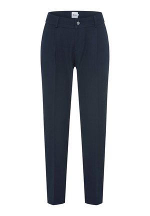 Pantalon bleu marine en tissu lisse avec une coupe ajustée, comprenant un devant plat, des passants de ceinture et une fermeture à un bouton.
