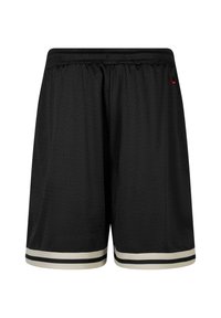 Sorte treningsshorts laget av pustende mesh-stoff, med elastisk midje og hvite striper ved kanten.