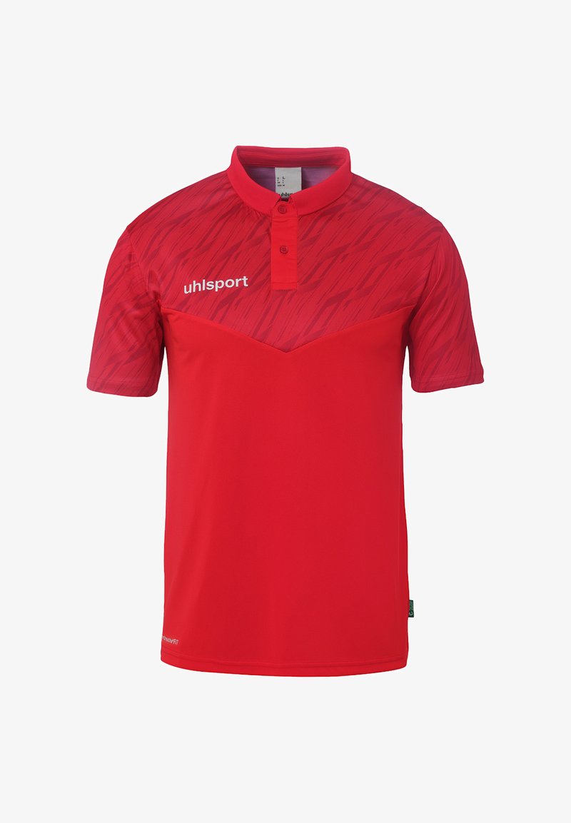 Rød polo shirt lavet af åndbart stof, med et tekstureret øverste mønster, halv-knaplukning og et kontrastdesign over brystet.