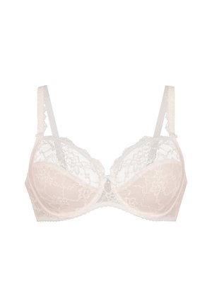 Spitzen-BH in Hellrosa, mit floralen Mustern, Unterstü tzung durch Bügel, verstellbaren Trägern und einem kleinen Schleifchen vorne.