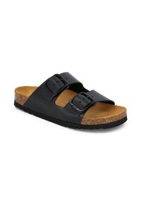 Black two-strap sandal with adjustable buckles, cork footbed, textured rubber sole, and a smooth upper material.