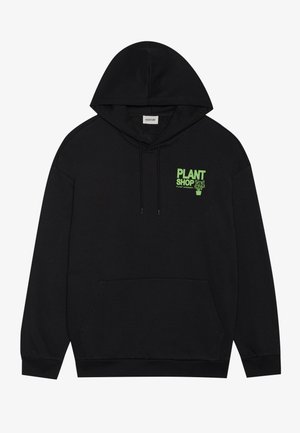 Black hoodie featuring a kangaroo pocket, drawstring hood, and a green graphic logo reading "PLANT SHOP" on the left chest.