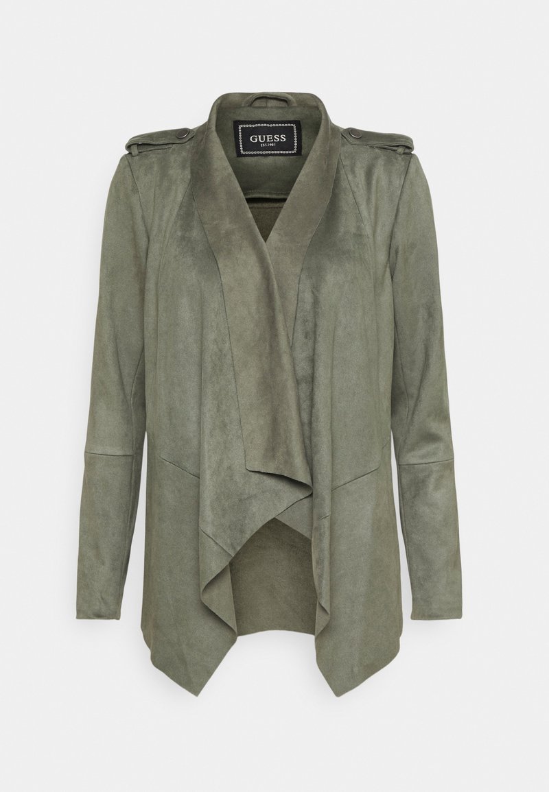 Giacca in finta suede verde oliva con un davanti sovrapposto e drappeggiato, maniche lunghe e spalline. Presenta una texture liscia e un design aperto davanti.
