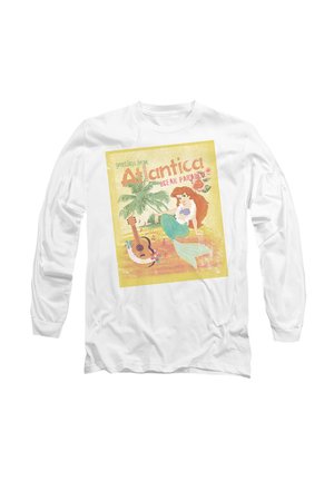 Long-sleeve white T-shirt featuring a colorful vintage-style graphic of a mermaid, palm tree, and a guitar on a yellow background.