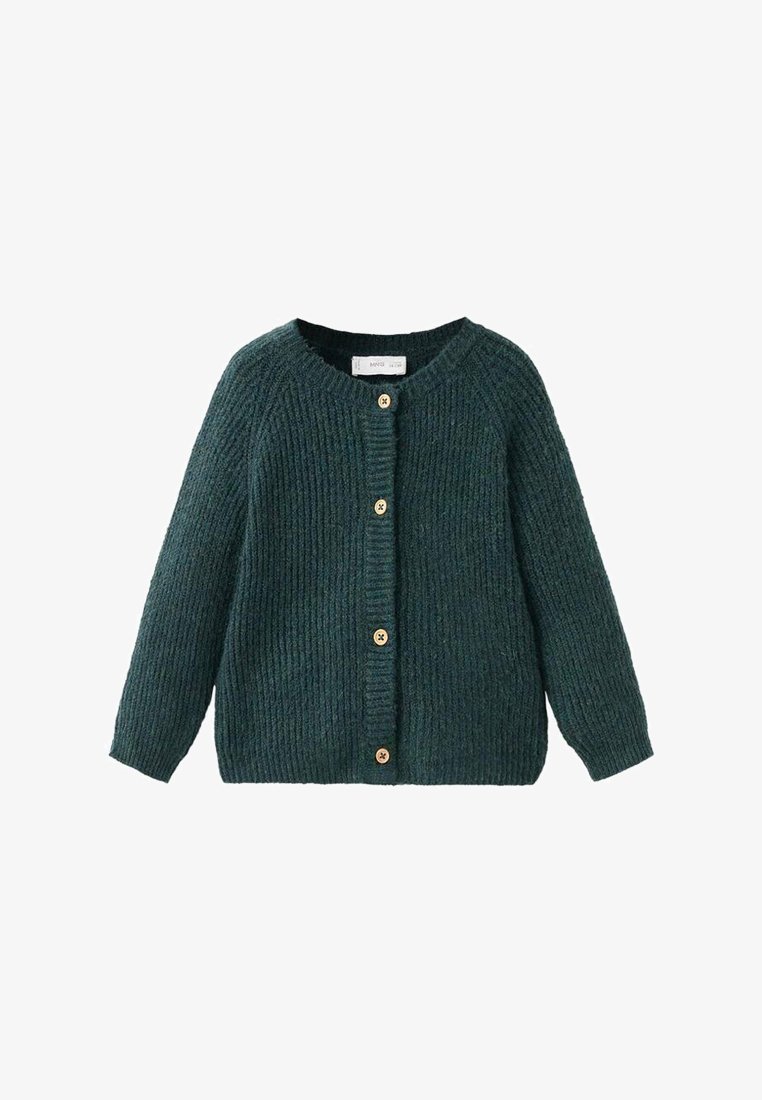 Cardigan tricotat de culoare verde închis. Are un decolteu rotund, mâneci lungi și închidere cu butoane din lemn pe partea din față. Material texturat.