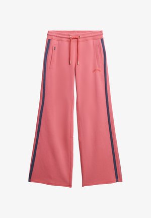 Roze wijdlopende sweatpants met marineblauwe zijstrepen, elastische tailleband, trekkoord en voorkruiden. Zacht materiaal met merklogo-details.