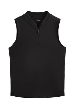 Top sportivo nero senza maniche con colletto alto e zip frontale. Realizzato in materiale liscio e elasticizzato, presenta un design aderente.