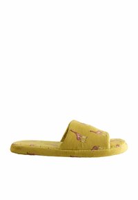 Yellow fabric slipper with a soft texture, featuring a playful giraffe pattern, an open toe design, and a cushioned base for comfort.