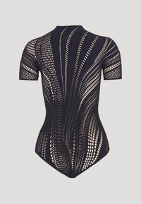 Body blu con maniche corte, caratterizzato da un design in rete di ritagli circolari alternati che creano un motivo ondulato su tutta la superficie.