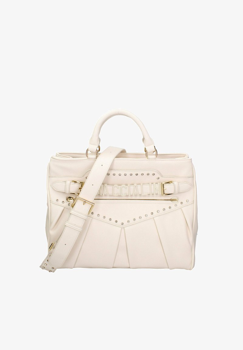 Witte leren handtas met geplooid ontwerp, decoratieve studs en logo-detail. Voorzien van dubbele handvatten en een verstelbare schouderriem.