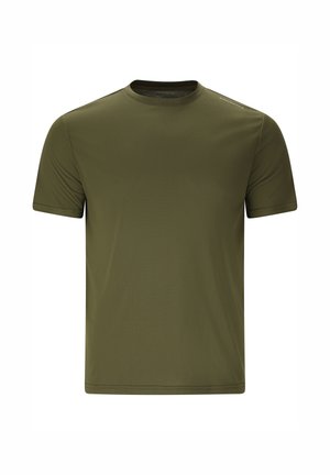 Effen olijfgroene T-shirt met korte mouwen en ronde hals, voorzien van een klein wit logo op de rechter schouder.