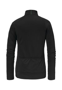 Schwarze Langarmjacke mit hohem Kragen. Mit grünen Nähakzenten, einem Reißverschluss am Hals und einer Rückentasche. Glatte Stofftextur.