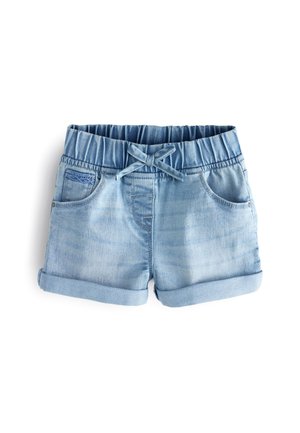 Lichtblauwe denimshorts met opgerolde boorden, elastische tailleband en een koord gestrikt aan de voorkant, met voorzakken en stikseldetails.