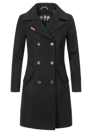 Manteau noir croisé avec de grands revers et des détails de boutons. Comprend deux poches latérales et une accent en cuir sur la gauche.