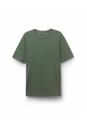 Zelené bavlněné tričko s kulatým výstřihem, krátkými rukávy a volným střihem. Hladká textura s jemnými švy.