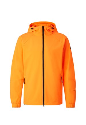 Veste à capuche orange vif avec fermeture éclair noire à l'avant et poches latérales zippées, poignets élastiques et cordons de serrage réglables à la capuche.