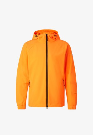 Jasnopomarańczowa kurtka z kapturem, czarnym zamkiem błyskawicznym z przodu oraz zamykanymi na zamek bocznymi kieszeniami, elastycznymi mankietami i regulowanymi troczkami kaptura.