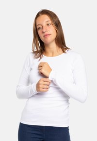 Camicia bianca a maniche lunghe con scollo rotondo e vestibilità aderente, abbinata a jeans blu scuro. Texture liscia e dettagli minimi.