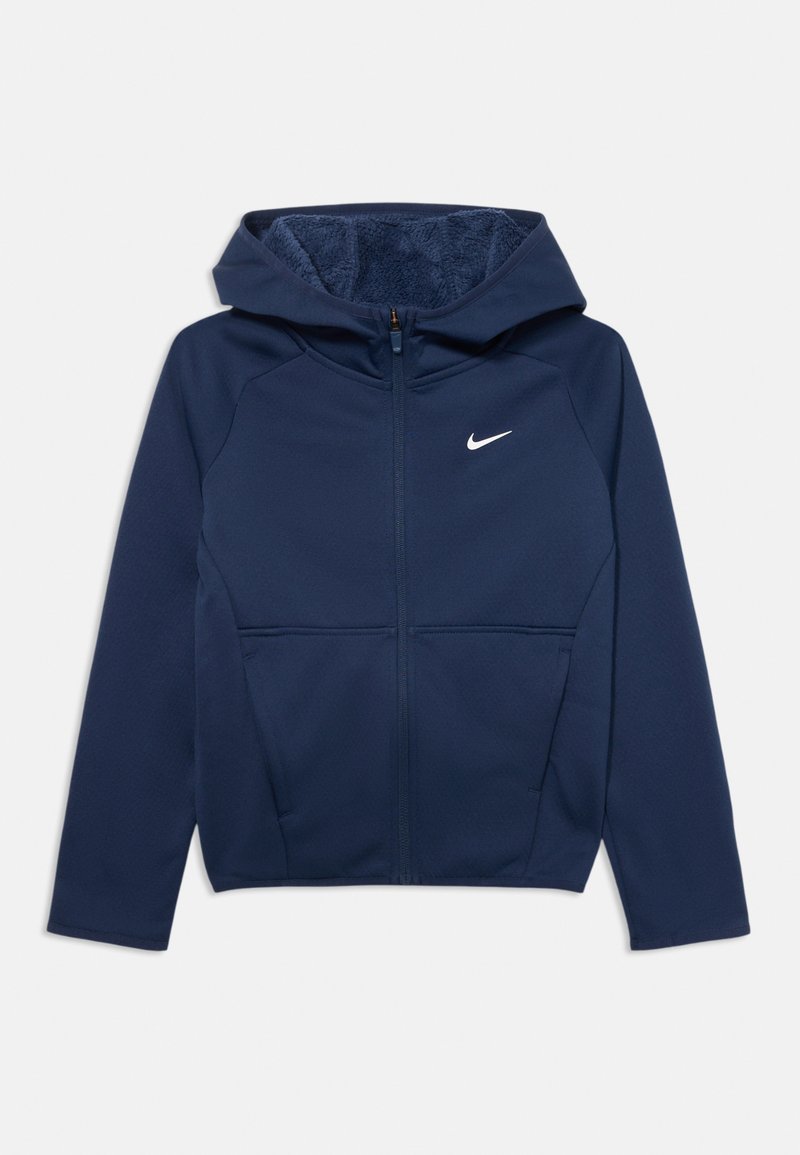 Námornícky modrá mikina na zips s mäkkým vnútrom, so zipsom na prednej strane, dvoma bočnými vreckami a malým bielym logom na hrudi.