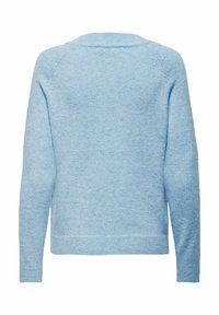 Maglione azzurro chiaro a maniche lunghe realizzato in tessuto morbido, con scollatura rotonda e orlo e polsini a costine, mostrando una finitura testurizzata.
