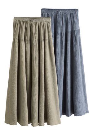 Zwei lange, geknitterte Maxiröcke mit elastischem Bund und Kordelzug, einer beige und einer blau, nebeneinander angezeigt.
