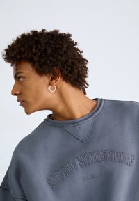 Grå sweatshirt med brodert "ALPHA INDUSTRIES" tekst. Har rund halsutskjæring og avslappet passform, med synlige sømdetaljer og myk tekstur.