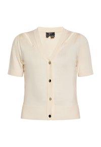 Cardigan crem pe mânecă scurtă, cu decolteu în V, având cinci nasturi frontali, margine ribbed și textură subtilă. Confecționat dintr-un material tricotat ușor.