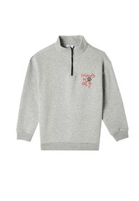 Grå sweatshirt med kvart-zip krave, der har et "Venner i byen" grafik og poteaftryk detaljer på brystet. Blød tekstur.