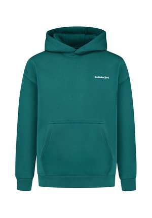 Sweat à capuche teal avec poche kangourou, poignets et ourlet côtelés, et logo "Smilodax Sport" en blanc sur la poitrine gauche. Texture en tissu douce.