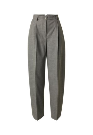 Grijze geplooide broeken met een hoge taille, voorzien van een knoopsluiting en strakke lijnen. Gemaakt van een textiel met structuur, wat zorgt voor een getailleerd uiterlijk.