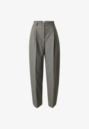 Grijze geplooide broeken met een hoge taille, voorzien van een knoopsluiting en strakke lijnen. Gemaakt van een textiel met structuur, wat zorgt voor een getailleerd uiterlijk.