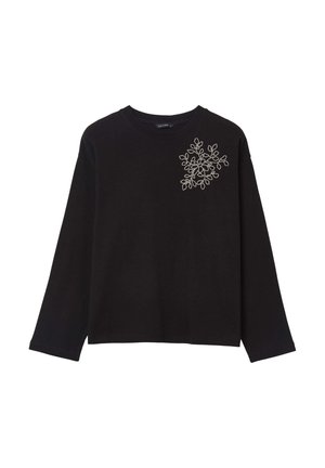 Sweatshirt noir à manches longues en tissu doux, avec un design floral brodé blanc sur le haut à gauche de l'avant.
